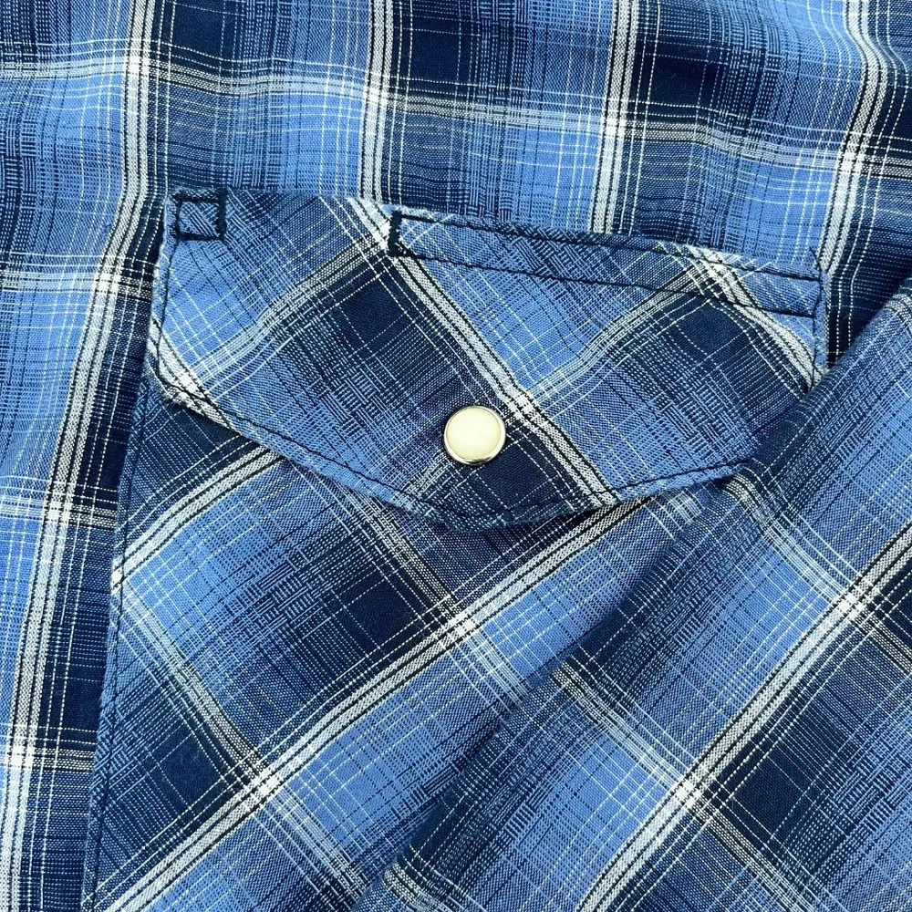 Wrangler Western Shirt Mens Large Blue Preppy Plaid Snap Button Up Long Sleeve - Picture 3 of 9